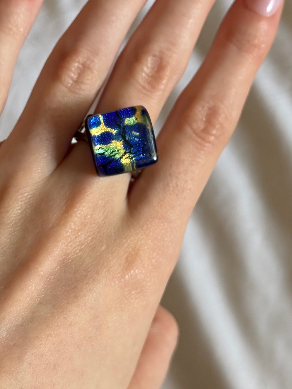 Authentic Italian Murano Glass Adjustable Ring ~ Blue with Gold and Green veins